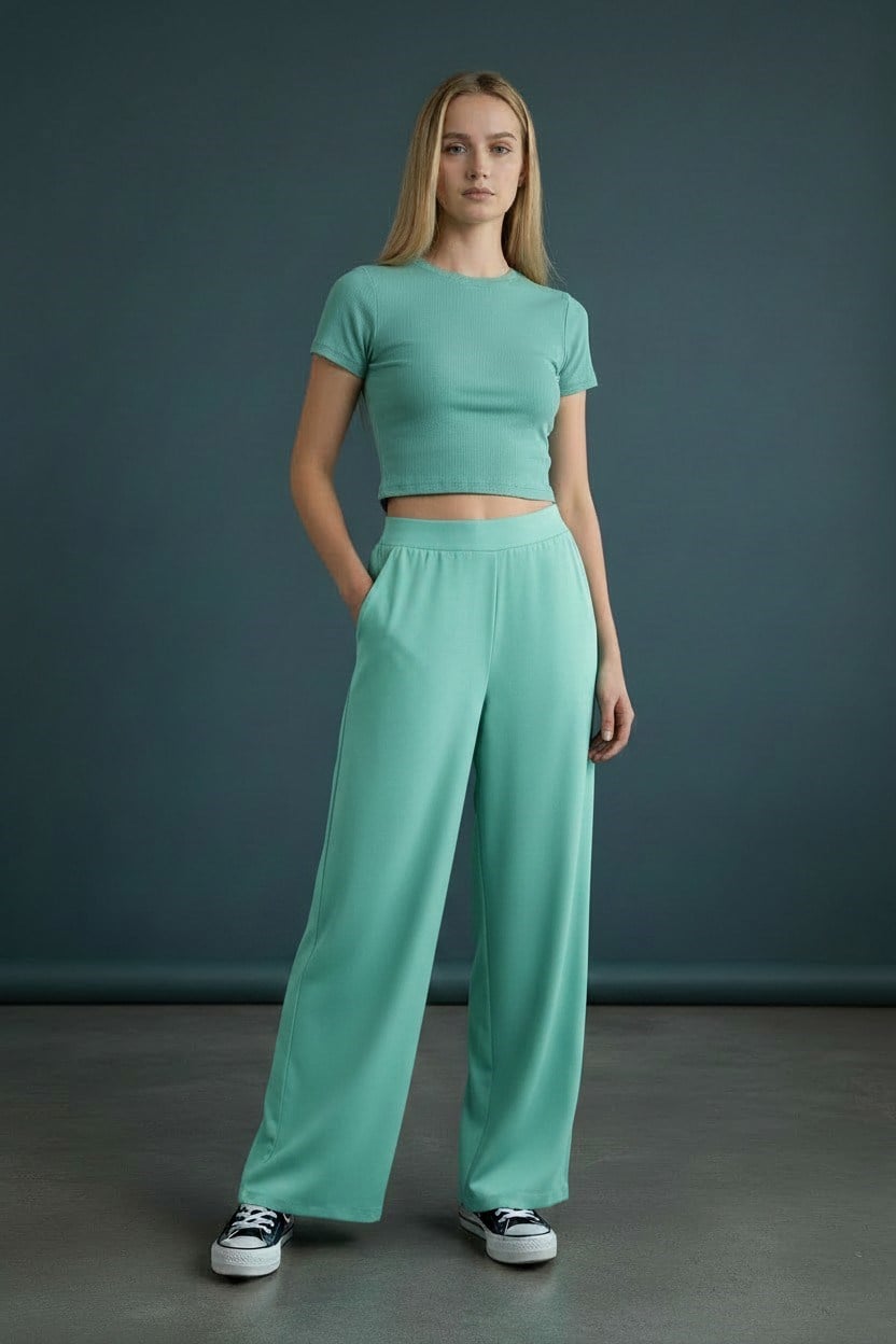 Kadın Kaşkorse Kumaş Bisiklet Yaka Mint Crop Tişört - 2004