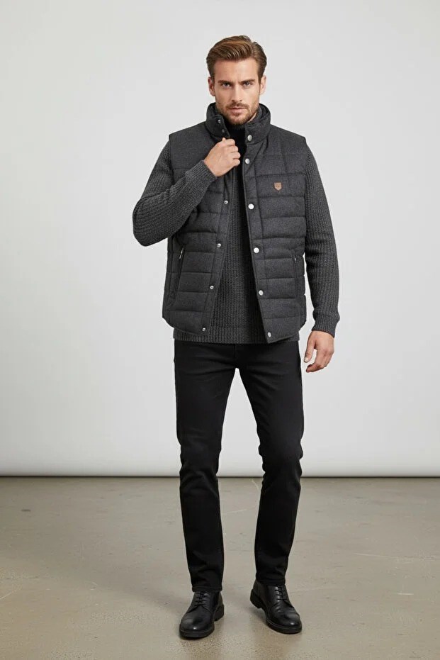 Erkek Şişme Yelek Hafif Dolgulu Günlük Spor Kullanım Dik Yaka Fermuarlı Modern Tasarım Siyah Renk-70007