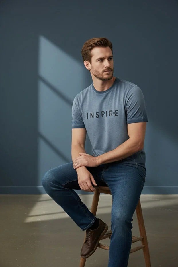 Erkek Mavi Inspire Baskılı Süprem Kumaş Tişört Slim Fit Pamuklu Yazlık Erkek T-Shirt Açık Lacivert-181