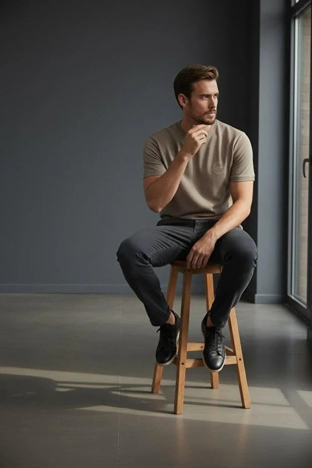 Erkek Basic Tişört Slim Fit Bisiklet Yaka Pamuklu Rahat Günlük T-Shirt Kahve-179