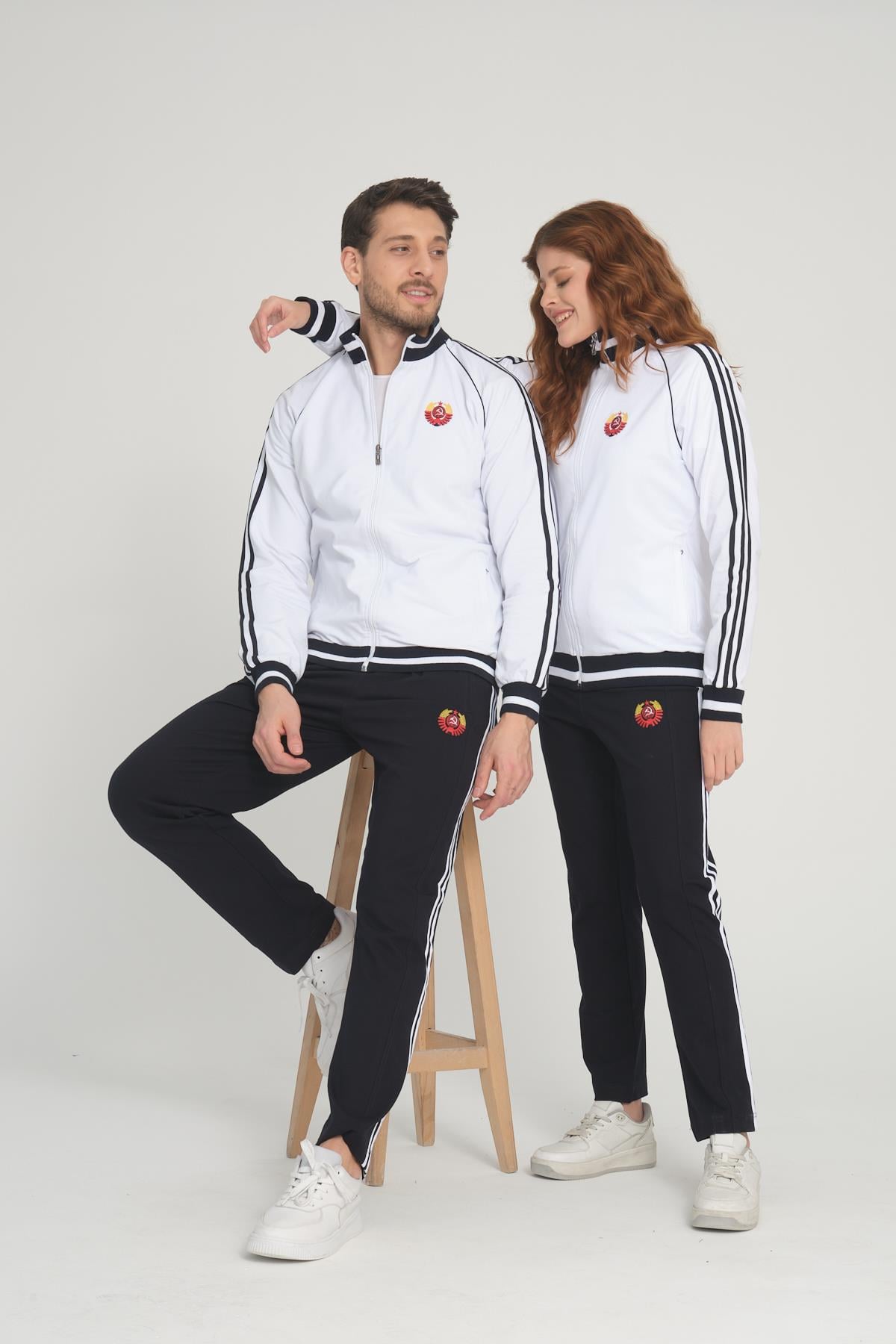 Beyaz Unisex İki İplik Fermuarlı Sevgili Çift Kombin Rahat Spor Eşofman Takımı - 2'li