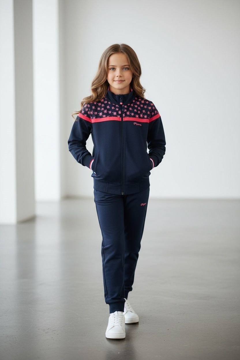 Kız Çocuk Lastikli Paça Fermuarlı Lacivert Eşofman Takımı - 40006