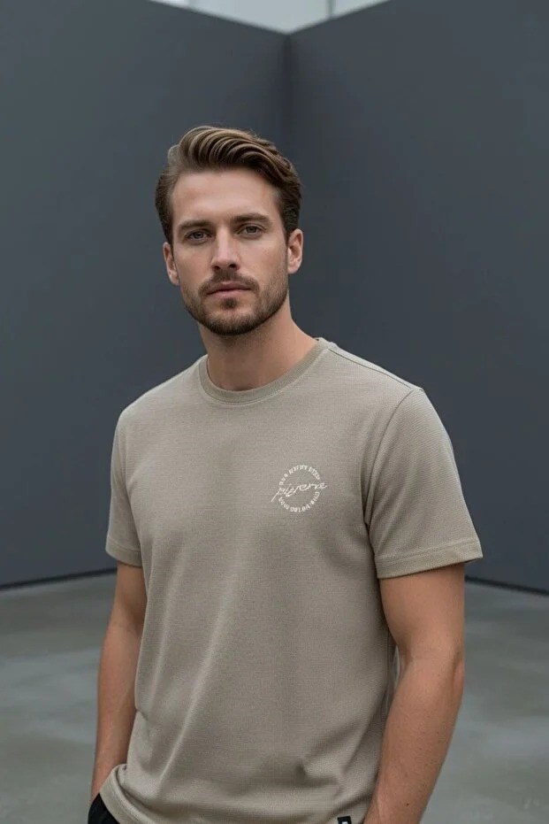 Erkek Basic Tişört Slim Fit Bisiklet Yaka Pamuklu Rahat Günlük T-Shirt Hardal-179