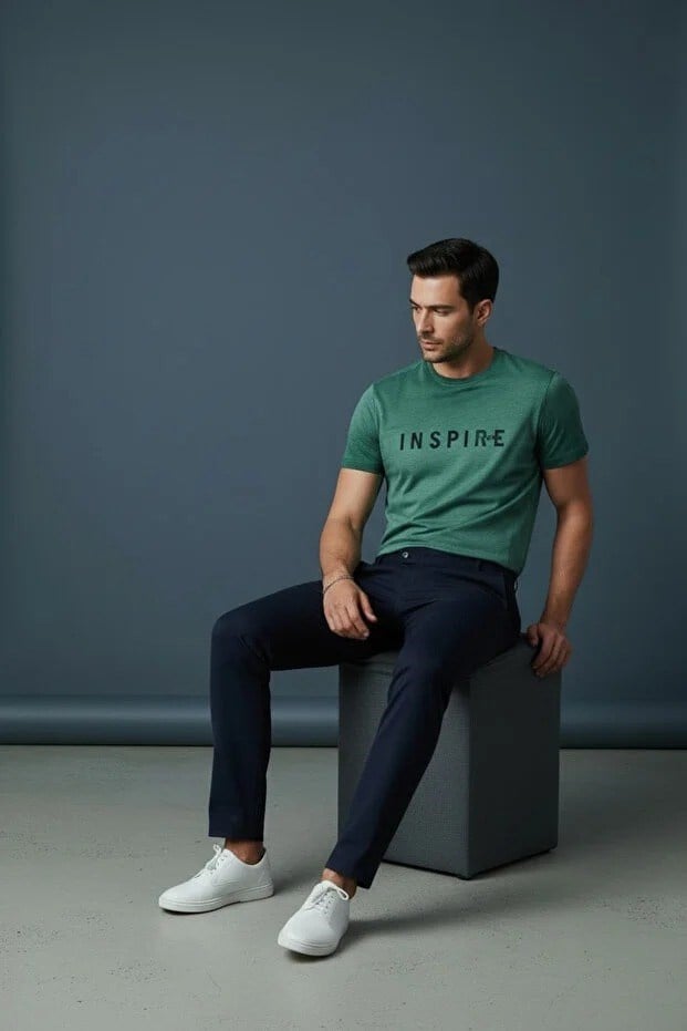 Erkek Mavi Inspire Baskılı Süprem Kumaş Tişört Slim Fit Pamuklu Yazlık Erkek T-Shirt Zümrüt Yeşili-181