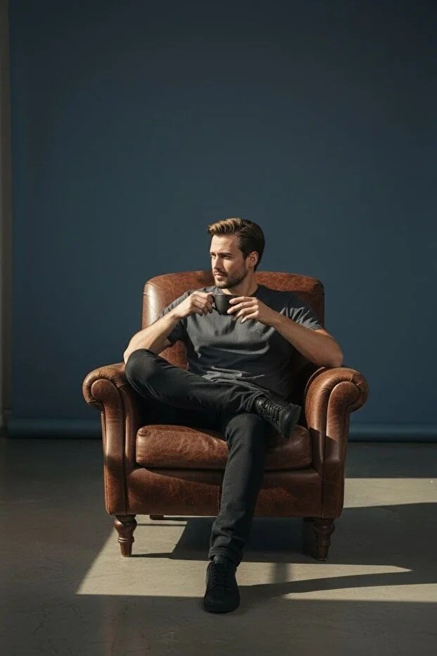 Erkek Basic Tişört Slim Fit Bisiklet Yaka Pamuklu Rahat Günlük T-Shirt Siyah-179