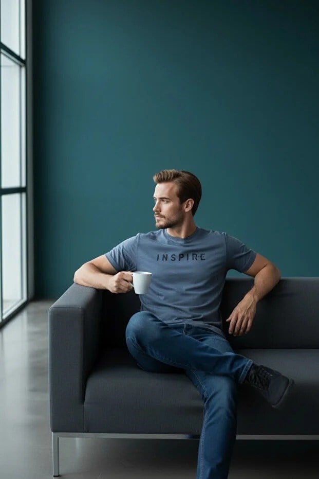 Erkek Mavi Inspire Baskılı Süprem Kumaş Tişört Slim Fit Pamuklu Yazlık Erkek T-Shirt Lacivert-181