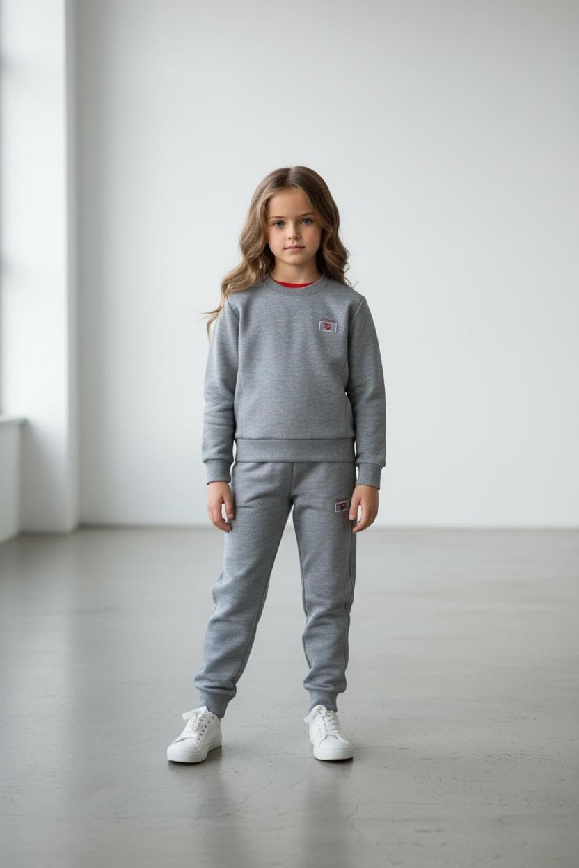 Kız Çocuk Gri Melanj Renk Kol Paça Lastikli Uzun Kollu Eşofman Takımı - 40003