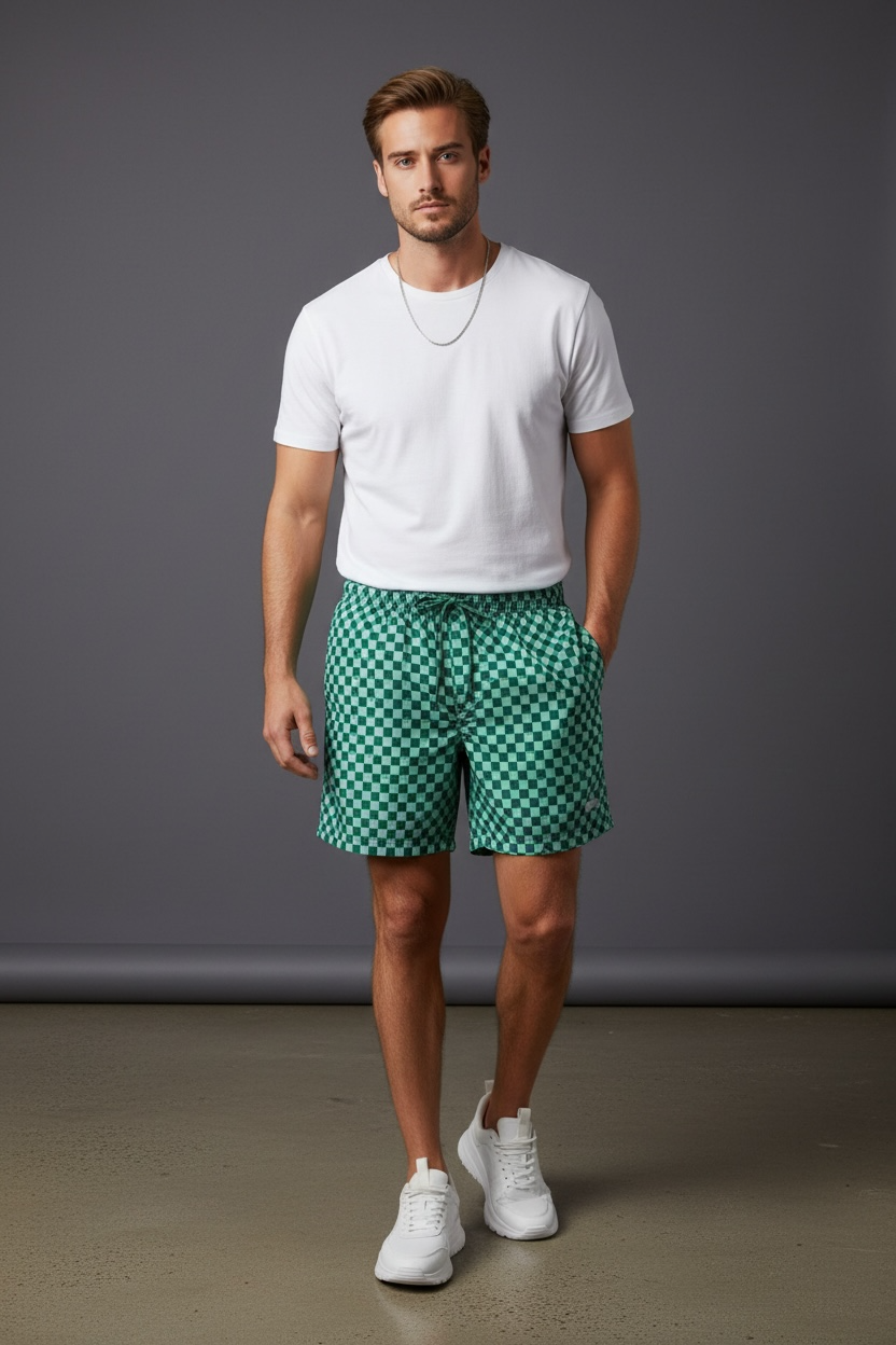 Erkek Deniz Şortu Desenli Hızlı Kuruyan Lastikli Bel Bağcıklı Yazlık Plaj Şortu Açık Yeşil-6020