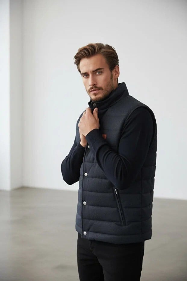 Erkek Şişme Yelek Hafif Dolgulu Günlük Spor Kullanım Dik Yaka Fermuarlı Modern Tasarım Lacivert Renk-70007