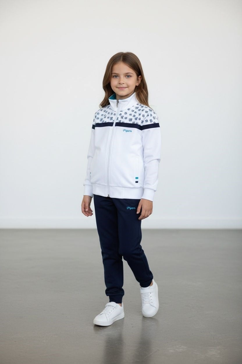 Kız Çocuk Lastikli Paça Fermuarlı Beyaz Eşofman Takımı - 40006