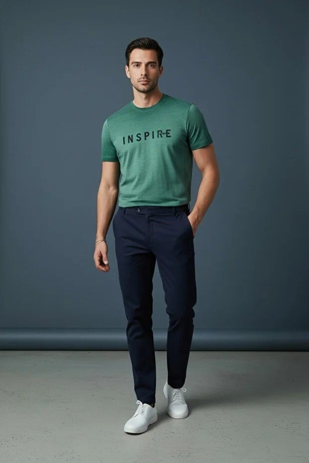 Erkek Mavi Inspire Baskılı Süprem Kumaş Tişört Slim Fit Pamuklu Yazlık Erkek T-Shirt Zümrüt Yeşili-181