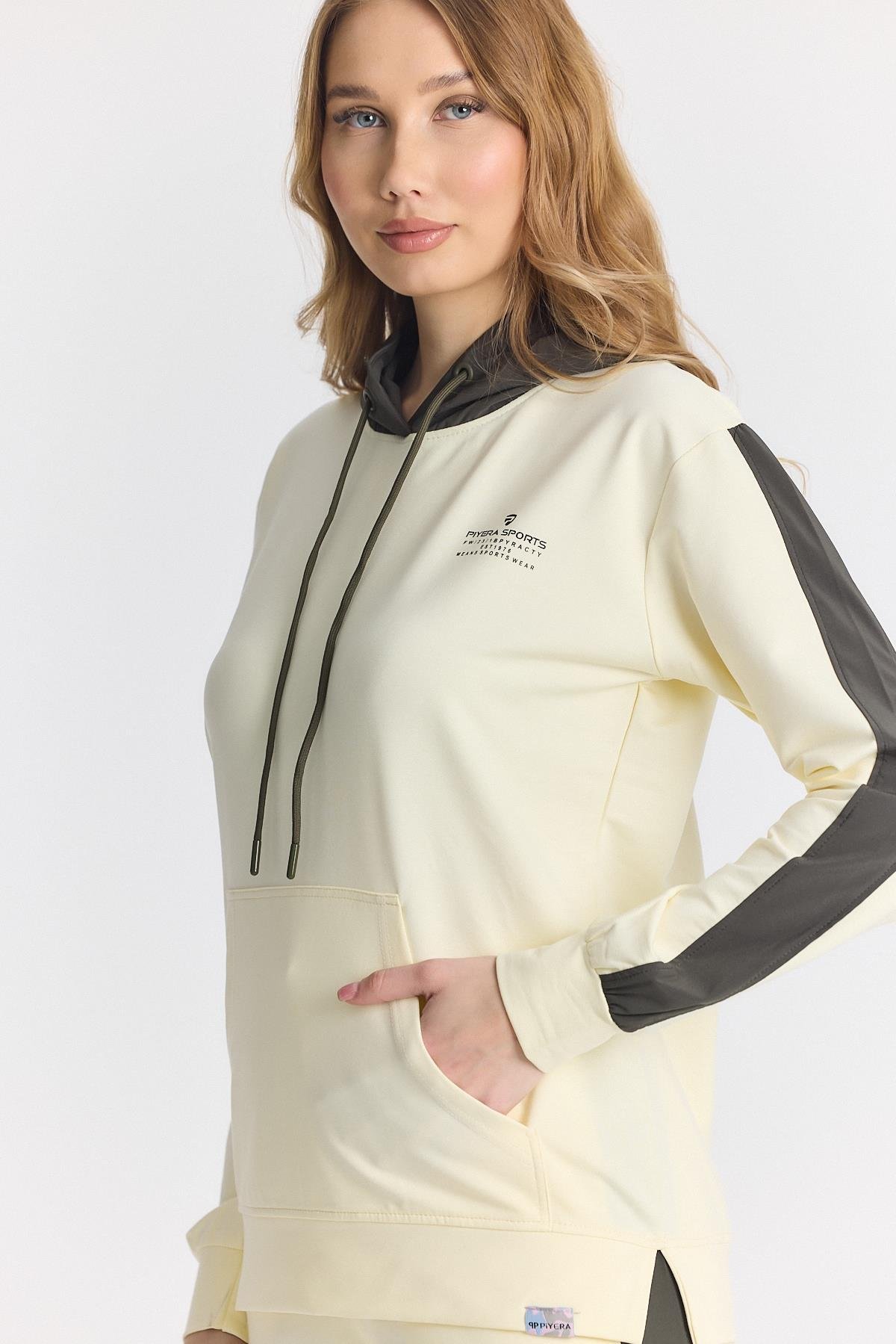 Kadın İki İplik Yanları Kahve Seritli Kapüşonlu Kanguru Cepli Paça Lastikli Ekru Eşofman Takımı - 7775