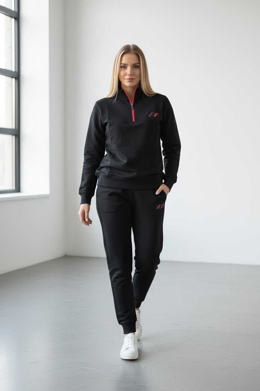 Kadın Siyah İki İplik Lastikli Paça Fermuar Yakalı Uzun Kol Sweatshirt Eşofman Takım - 7648