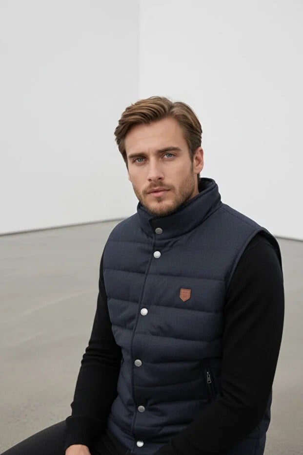 Erkek Şişme Yelek Hafif Dolgulu Günlük Spor Kullanım Dik Yaka Fermuarlı Modern Tasarım Lacivert Renk-70007