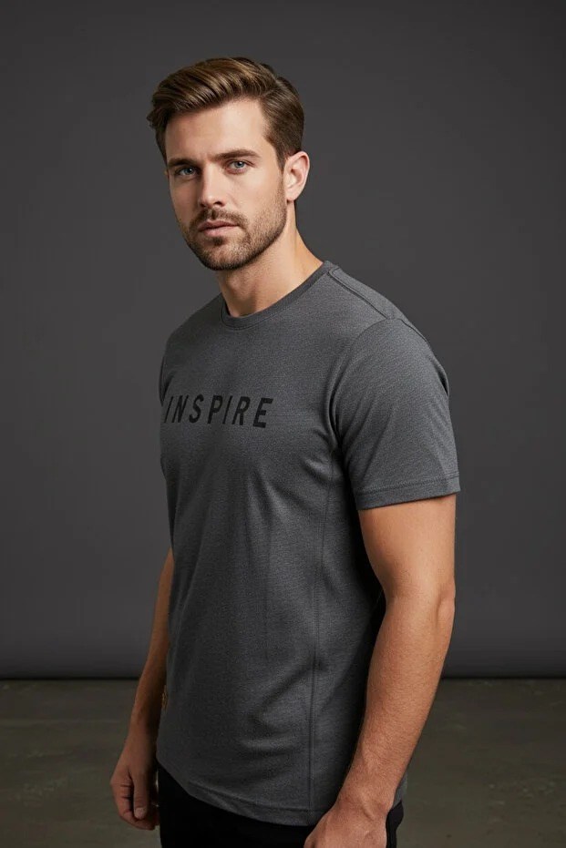Erkek Mavi Inspire Baskılı Süprem Kumaş Tişört Slim Fit Pamuklu Yazlık Erkek T-Shirt Siyah-181