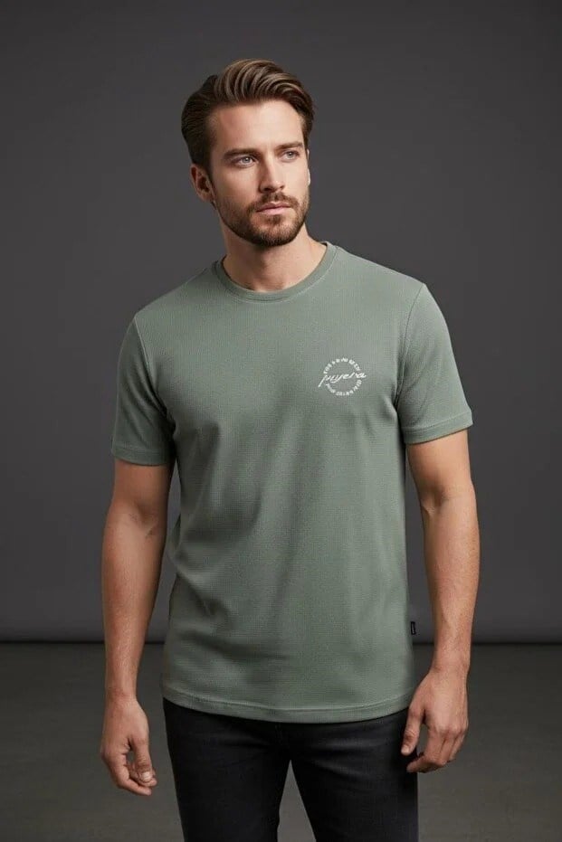 Erkek Basic Tişört Slim Fit Bisiklet Yaka Pamuklu Rahat Günlük T-Shirt Açık Haki-179