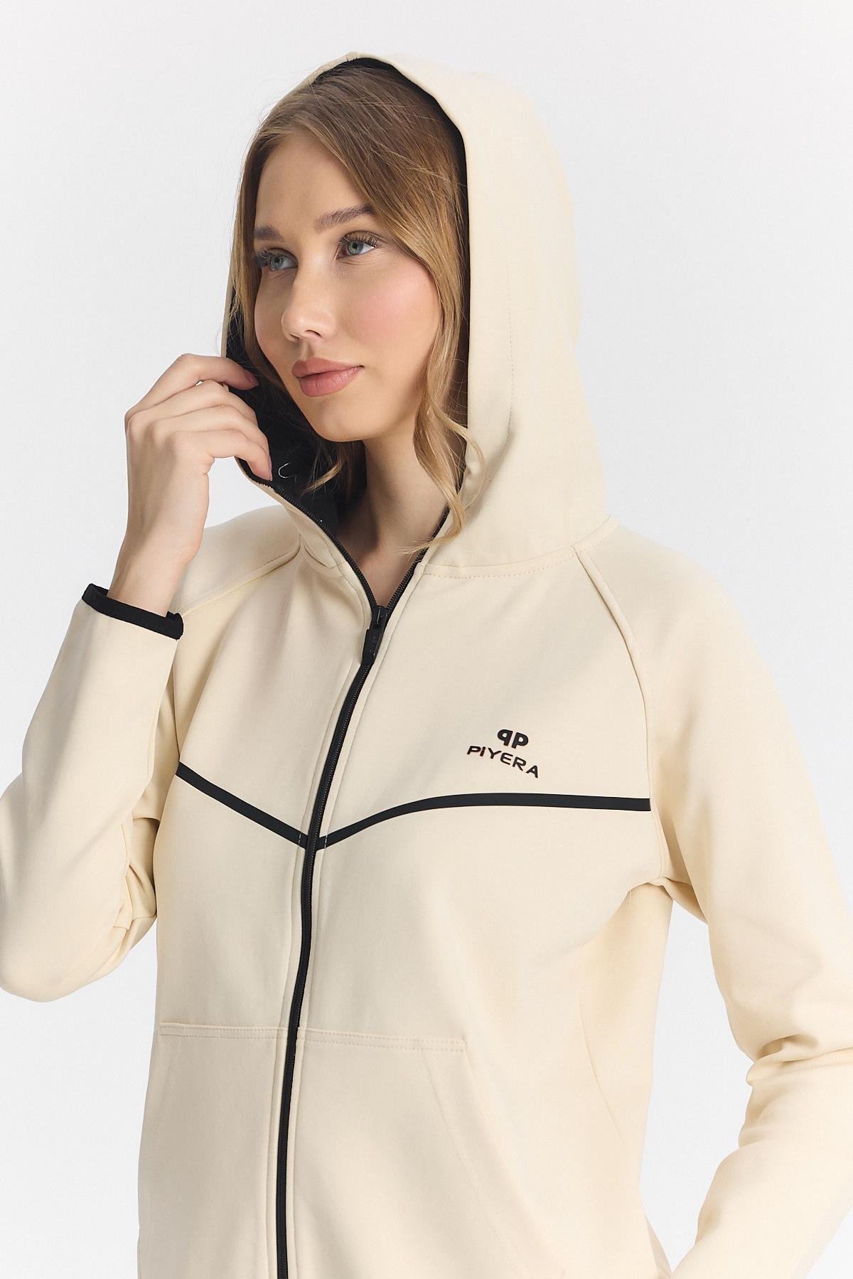 Kadın Double Face Göğüs Şeritli Lastikli Paça Fermuarlı Kapüşonlu Ekru Eşofman Takımı - 7805