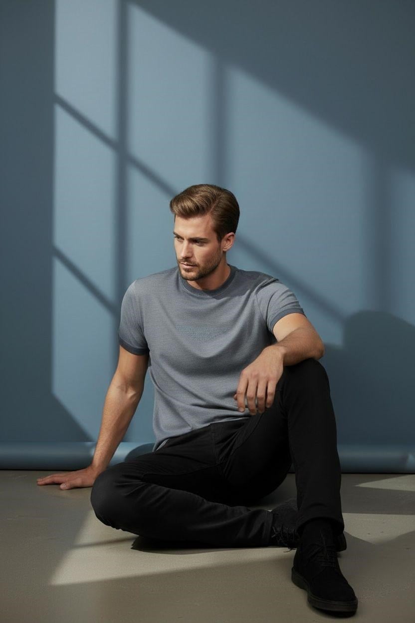 Erkek Baskılı Süprem Kumaş Basic Tişört Slim Fit Pamuklu Erkek T-Shirt İndigo-180