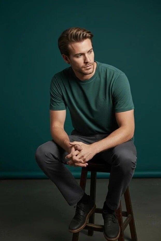 Erkek Basic Tişört Slim Fit Bisiklet Yaka Pamuklu Rahat Günlük T-Shirt Zümrüt yeşili -179