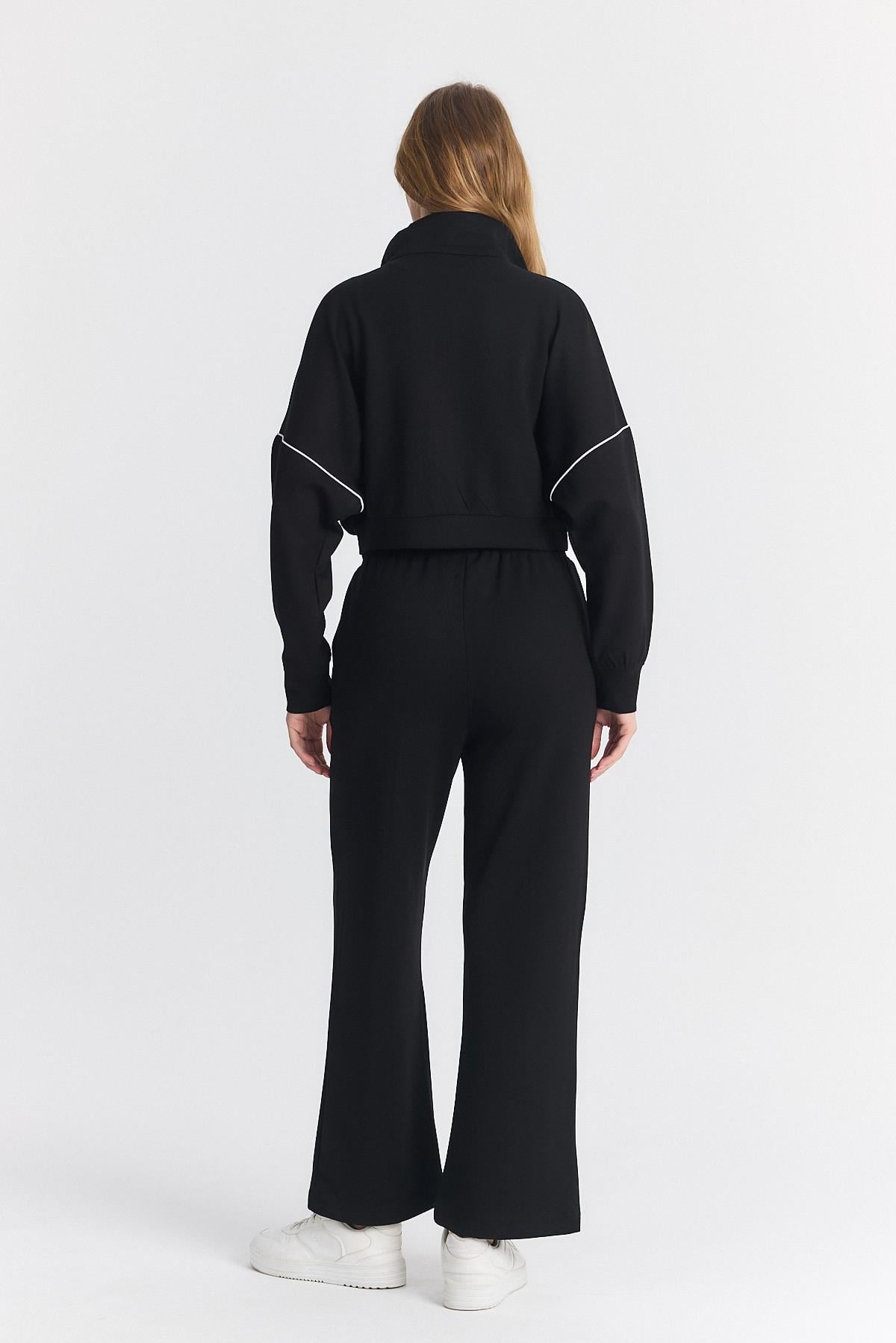 Kadın Oyysho Kumaş Düşük Kol Rahat Crop Fermuarlı Geniş Paça Siyah Eşofman Takımı - 7807