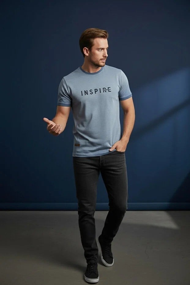 Erkek Mavi Inspire Baskılı Süprem Kumaş Tişört Slim Fit Pamuklu Yazlık Erkek T-Shirt İndigo-181