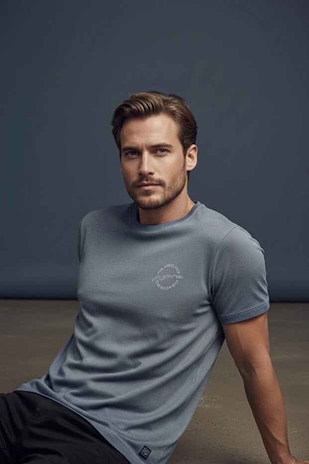 Erkek Basic Tişört Slim Fit Bisiklet Yaka Pamuklu Rahat Günlük T-Shirt İndigo-179