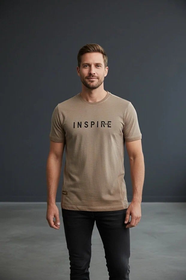 Erkek Mavi Inspire Baskılı Süprem Kumaş Tişört Slim Fit Pamuklu Yazlık Erkek T-Shirt Koyu Kahve-181