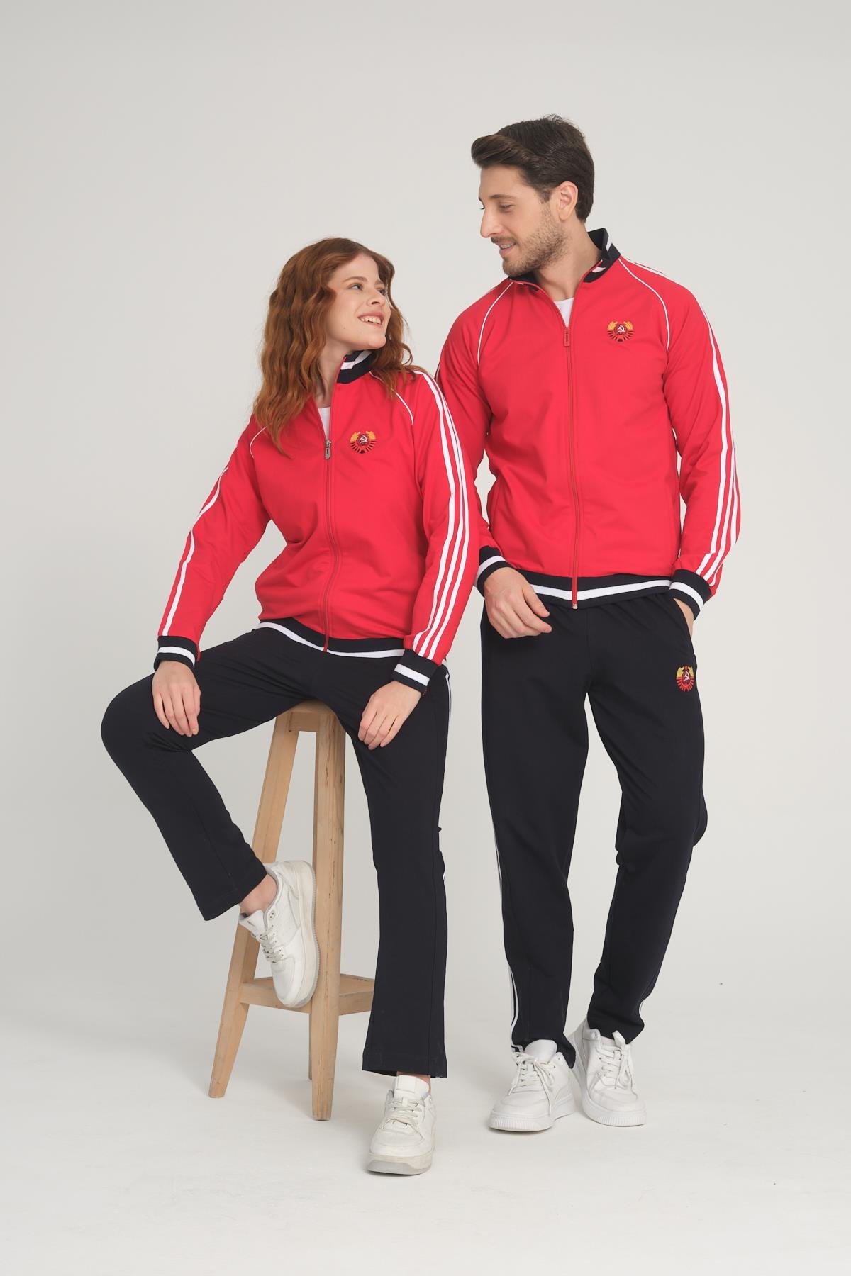 Kırmızı Unisex İki İplik Fermuarlı Sevgili Çift Kombin Rahat Spor Eşofman Takımı - 2'li