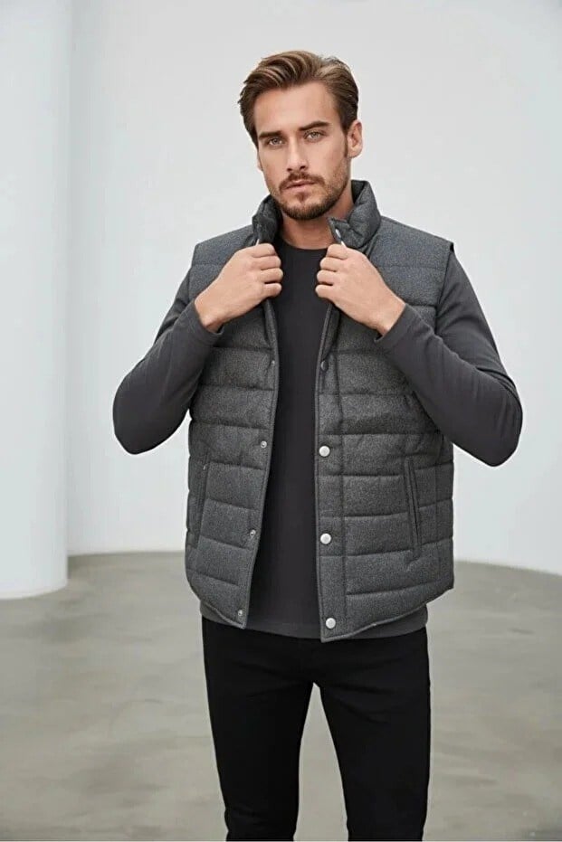 Erkek Şişme Yelek Hafif Dolgulu Günlük Spor Kullanım Dik Yaka Fermuarlı Modern Tasarım Füme Renk-70007