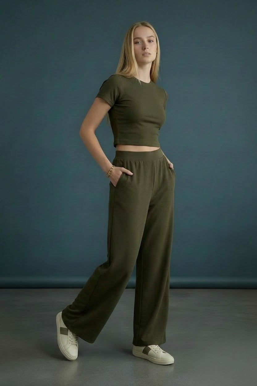 Kadın Kaşkorse Kumaş Bisiklet Yaka Haki Crop Tişört - 2004