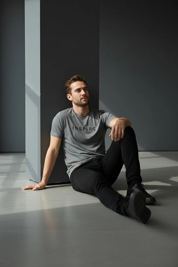 Erkek Mavi Inspire Baskılı Süprem Kumaş Tişört Slim Fit Pamuklu Yazlık Erkek T-Shirt Antrasit-181