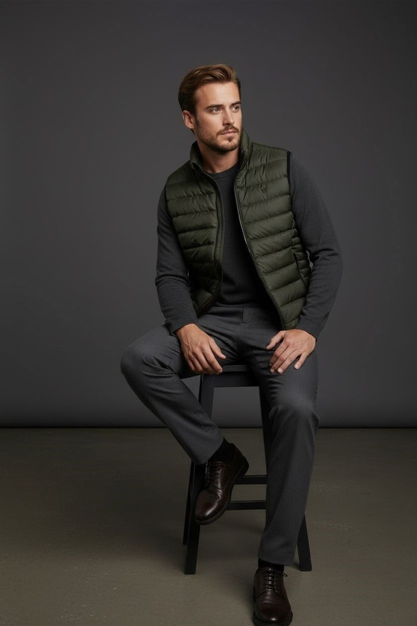 Erkek Şişme Yelek Hafif Dolgulu Günlük Spor Kullanım Dik Yaka Fermuarlı Modern Tasarım Haki Renk
