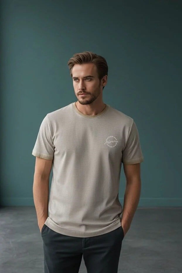 Erkek Basic Tişört Slim Fit Bisiklet Yaka Pamuklu Rahat Günlük T-Shirt Hardal-179