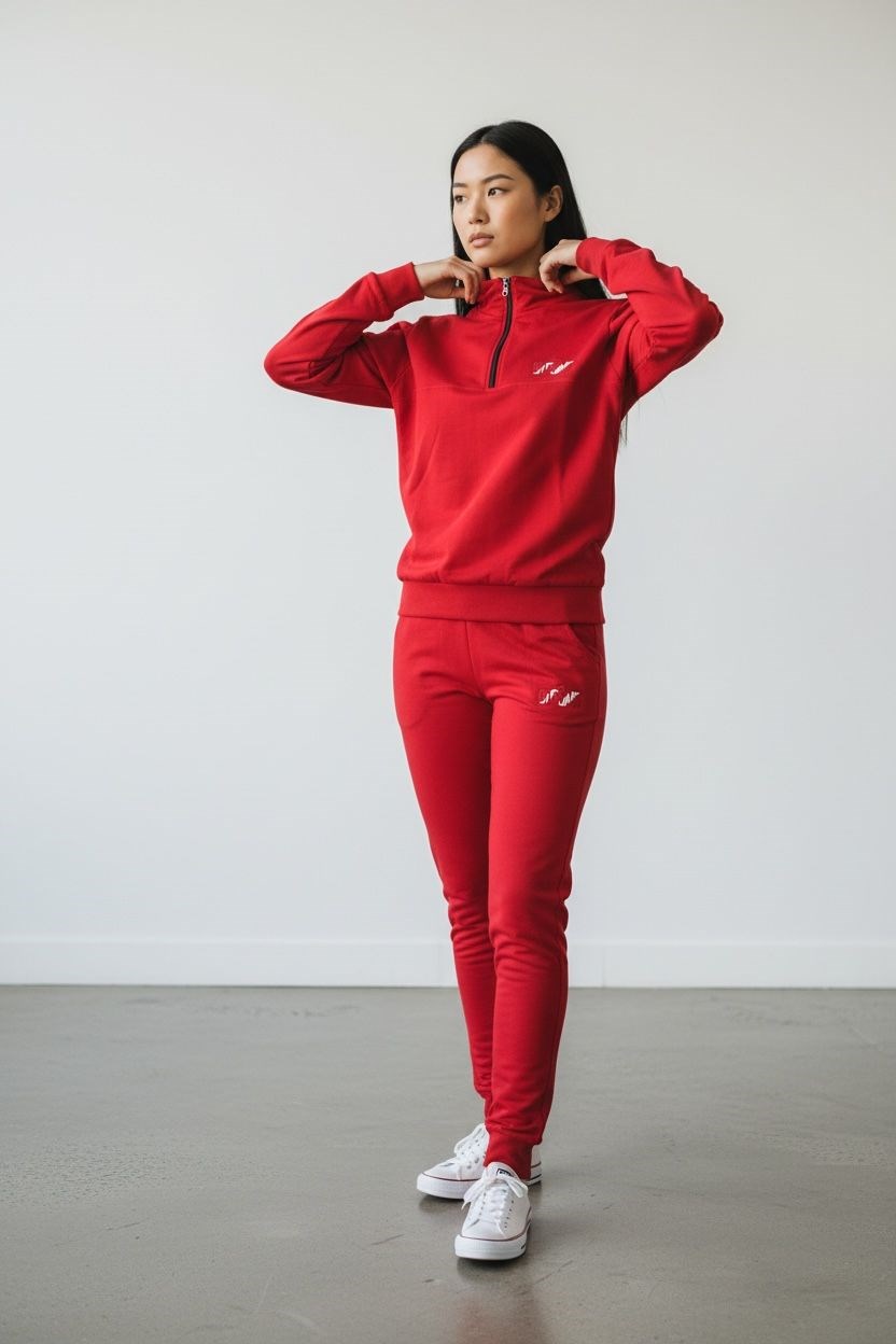 Kadın Kırmızı İki İplik Dik Yaka Fermuarlı Eşofman Takımı - 76488