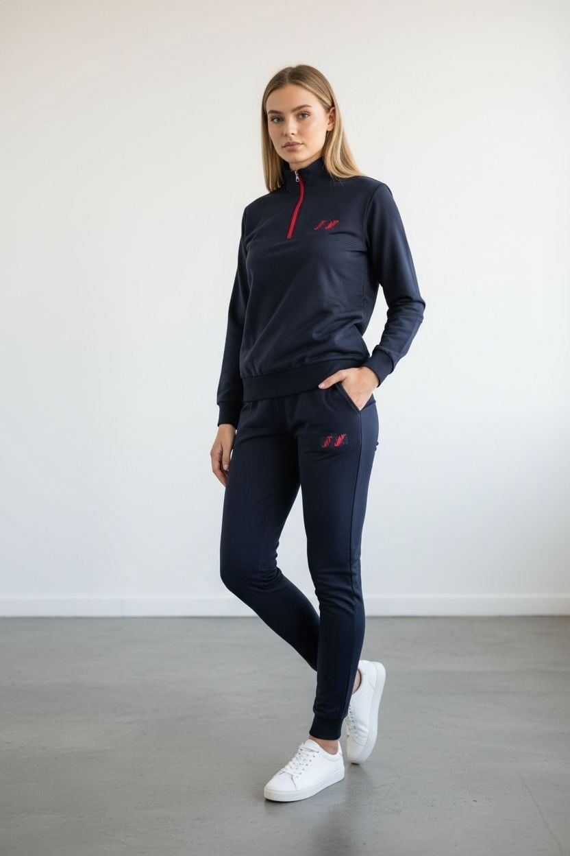 Kadın Lacivert İki İplik Dik Yaka Fermuarlı Eşofman Takımı - 76488