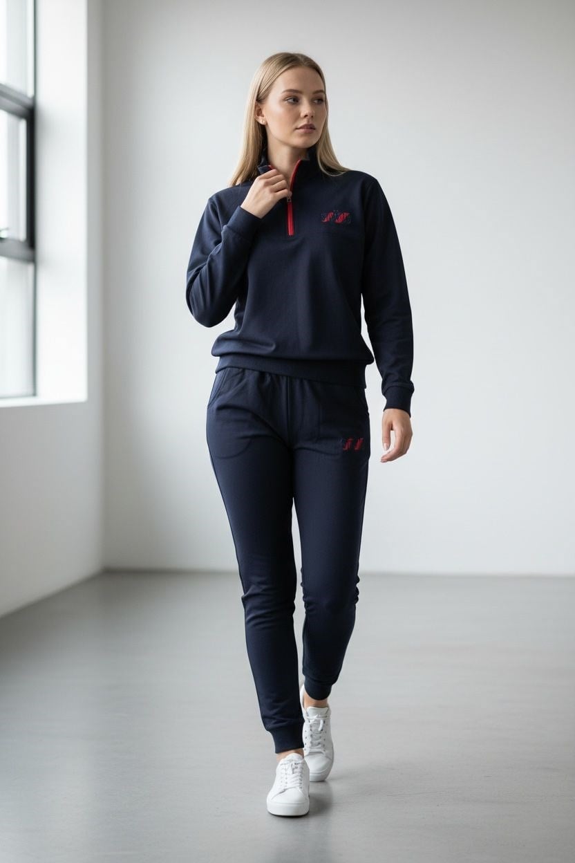 Kadın Lacivert İki İplik Dik Yaka Fermuarlı Eşofman Takımı - 76488