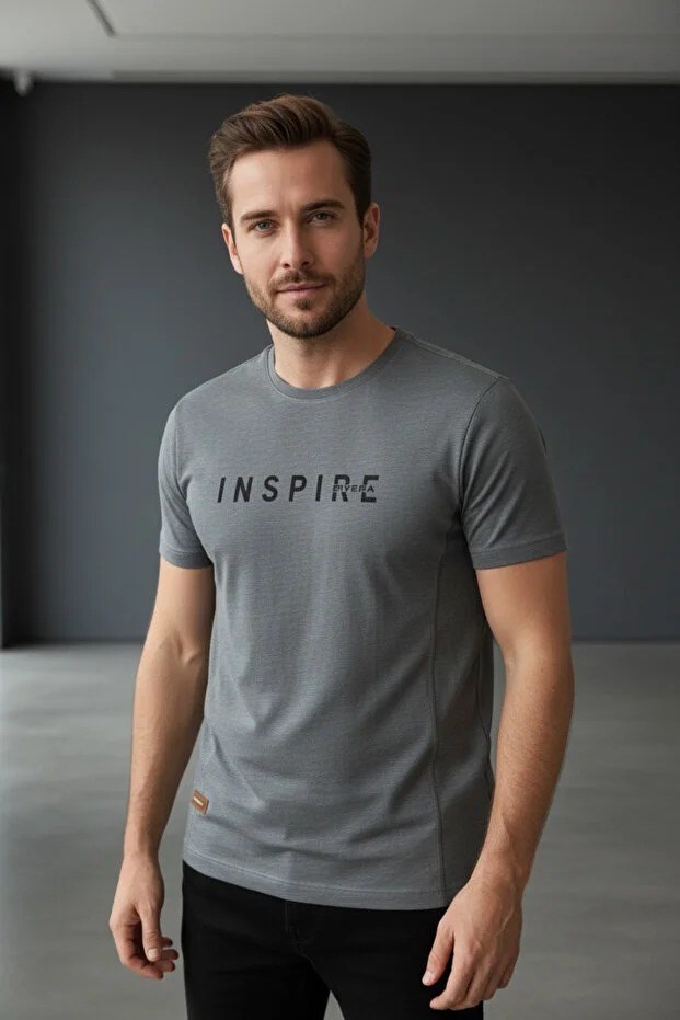 Erkek Mavi Inspire Baskılı Süprem Kumaş Tişört Slim Fit Pamuklu Yazlık Erkek T-Shirt Antrasit-181