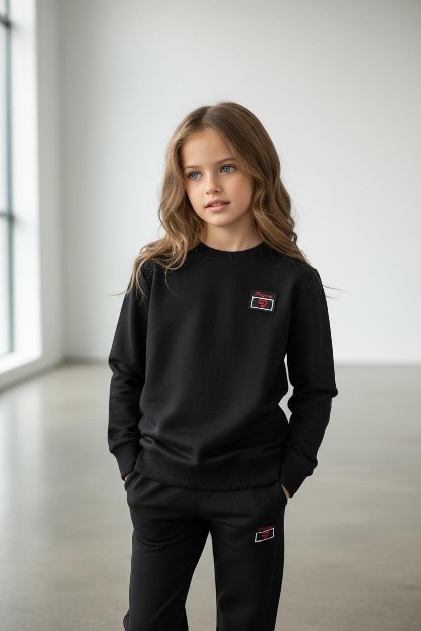 Kız Çocuk Siyah Renk Kol Paça Lastikli Uzun Kollu Eşofman Takımı - 40003