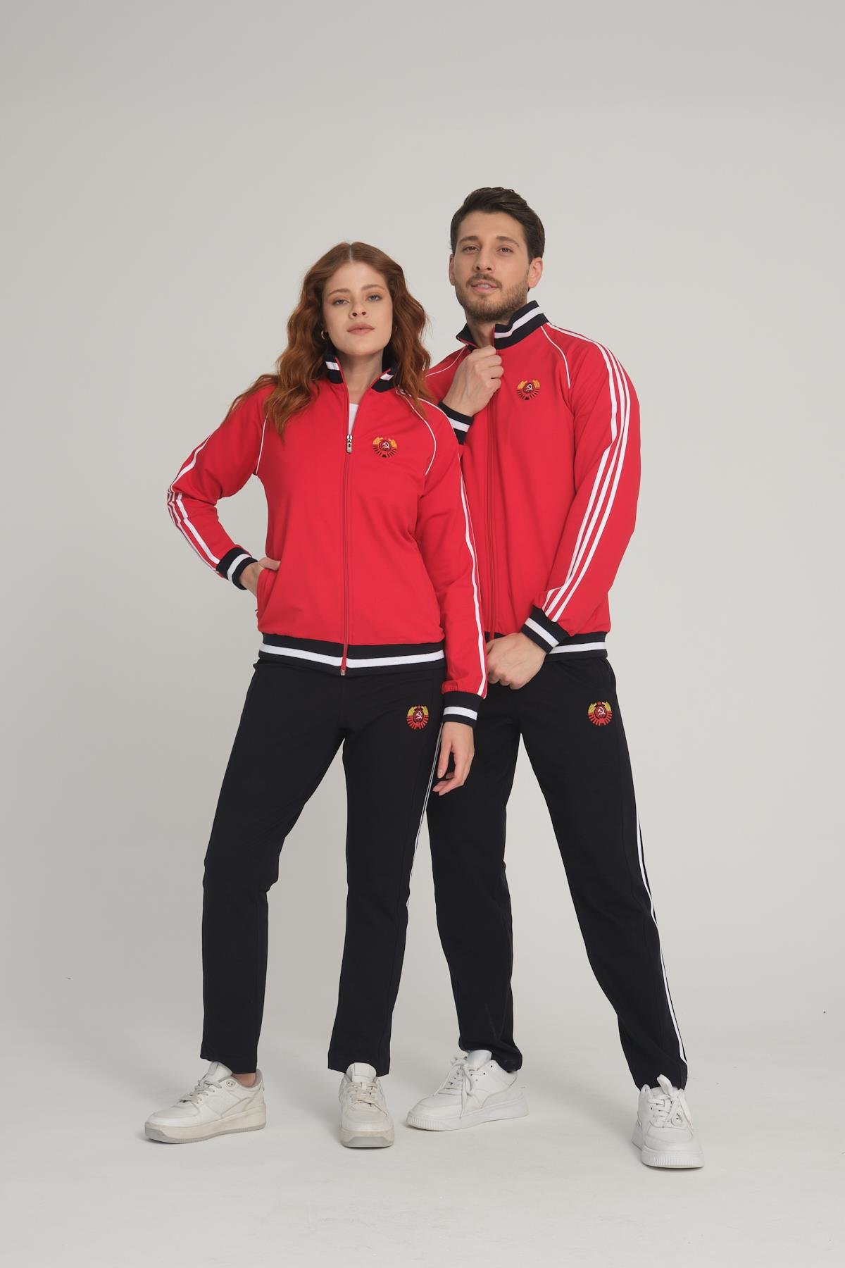 Kırmızı Unisex İki İplik Fermuarlı Sevgili Çift Kombin Rahat Spor Eşofman Takımı - 2'li