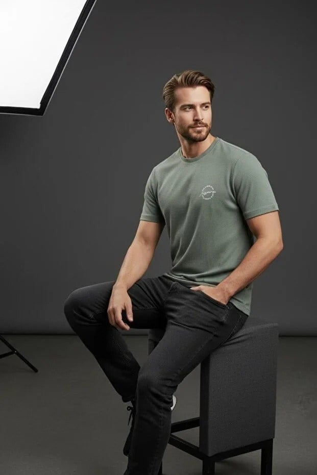 Erkek Basic Tişört Slim Fit Bisiklet Yaka Pamuklu Rahat Günlük T-Shirt Açık Haki-179