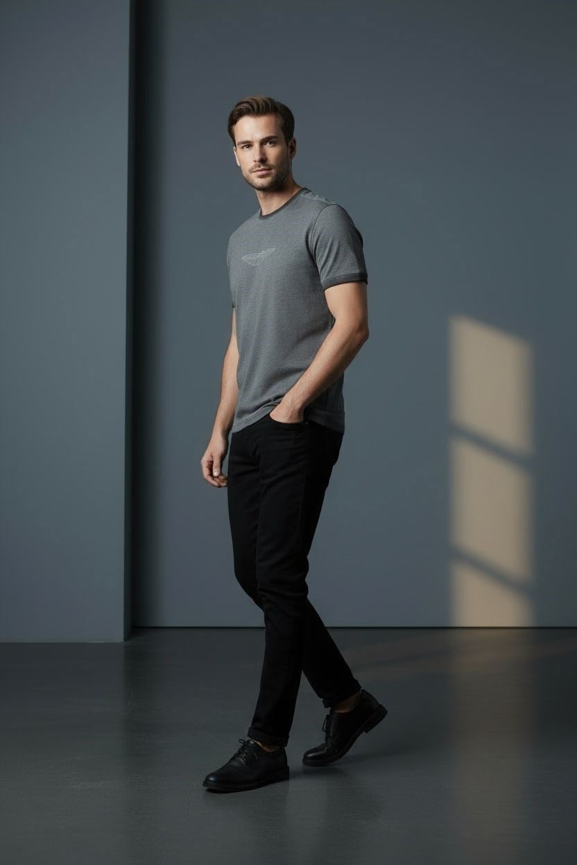 Erkek Baskılı Süprem Kumaş Basic Tişört Slim Fit Pamuklu Erkek T-Shirt Antrasit-180