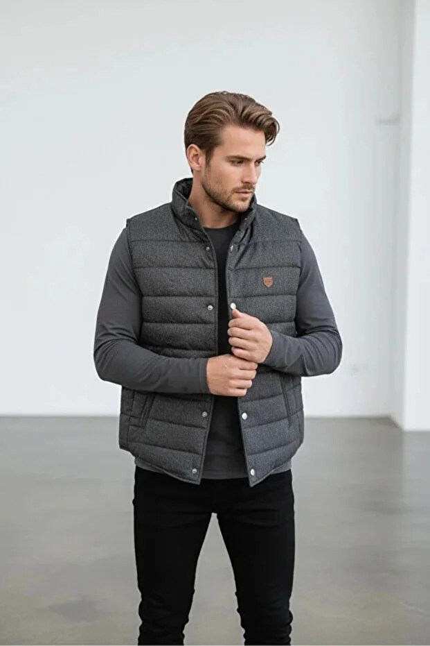 Erkek Şişme Yelek Hafif Dolgulu Günlük Spor Kullanım Dik Yaka Fermuarlı Modern Tasarım Füme Renk-70007