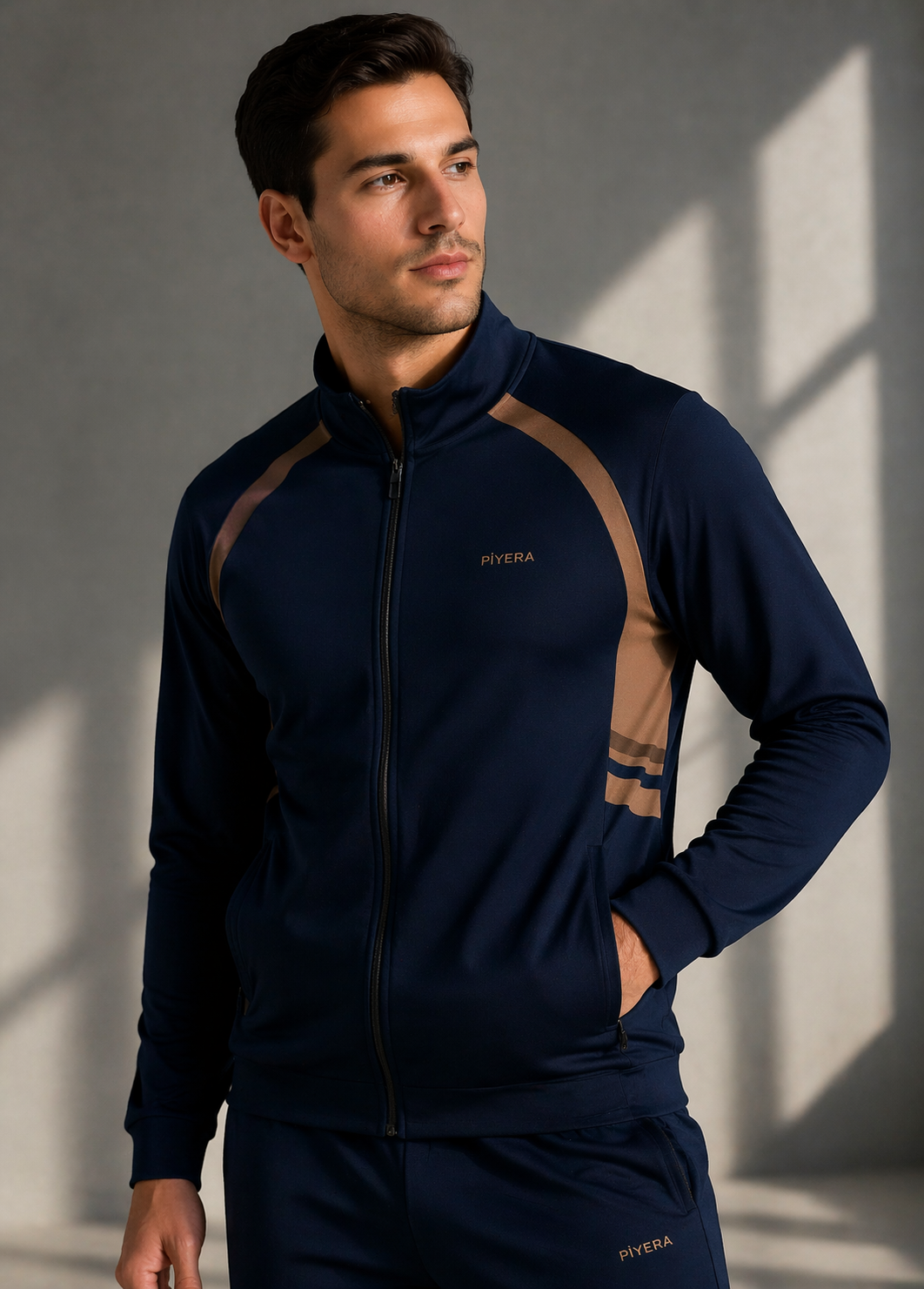 Erkek Double Face Kumaş Fermuarlı Dik Yaka Lacivert Kahverengi Eşofman Takımı - 7942