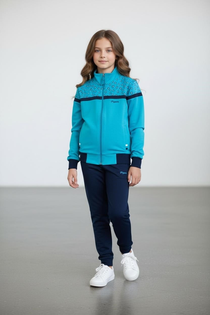 Kız Çocuk Lastikli Paça Fermuarlı Turkuaz Eşofman Takımı - 40006