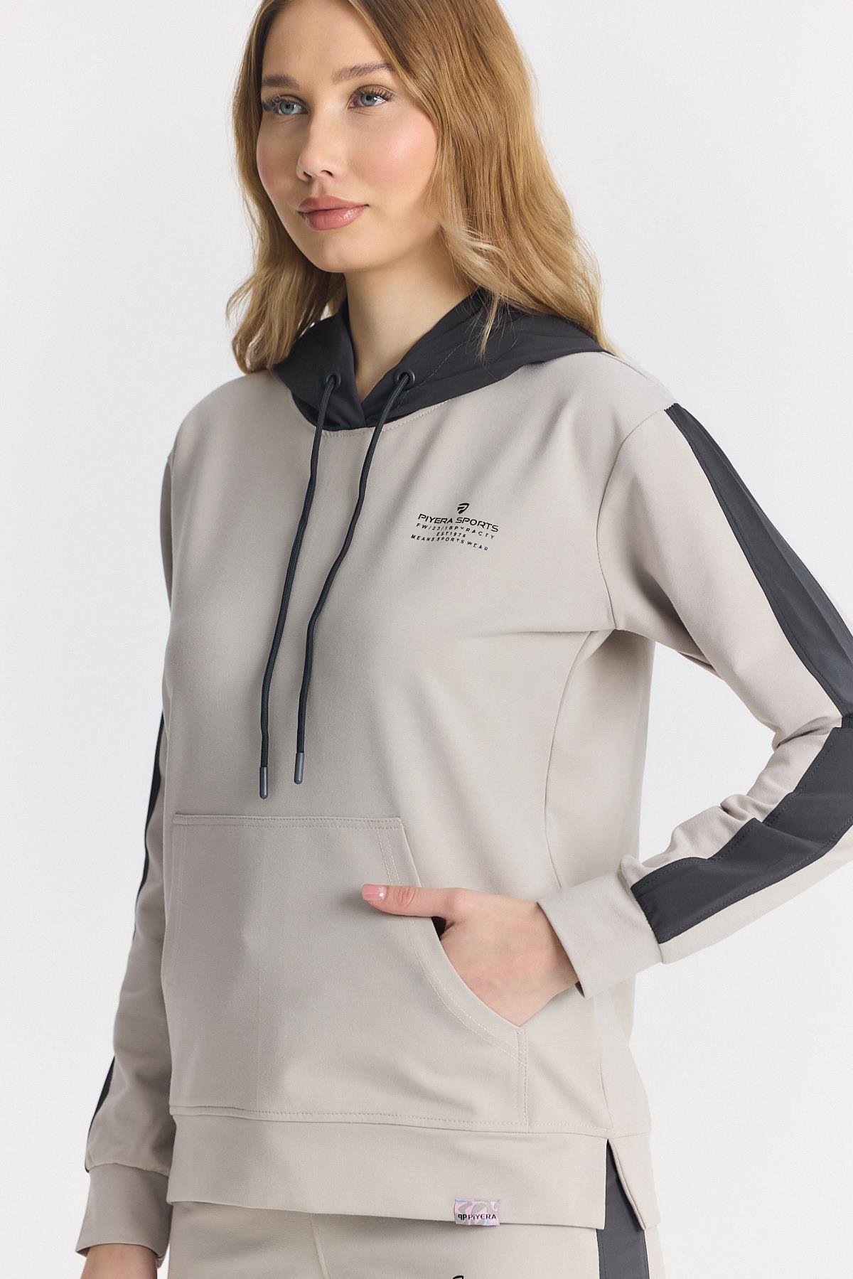 Kadın İki İplik Yanları Gri Seritli Kapüşonlu Kanguru Cepli Paça Lastikli Taş Eşofman Takımı - 7775