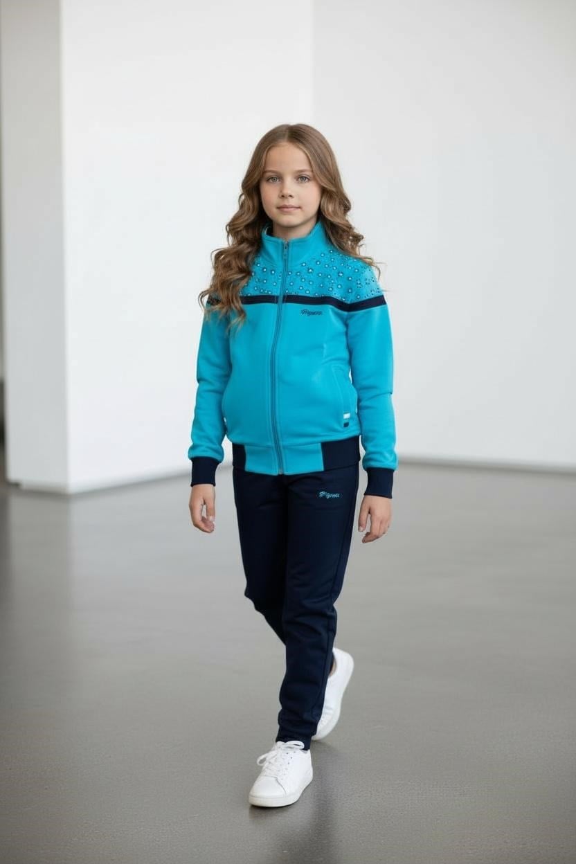 Kız Çocuk Lastikli Paça Fermuarlı Turkuaz Eşofman Takımı - 40006