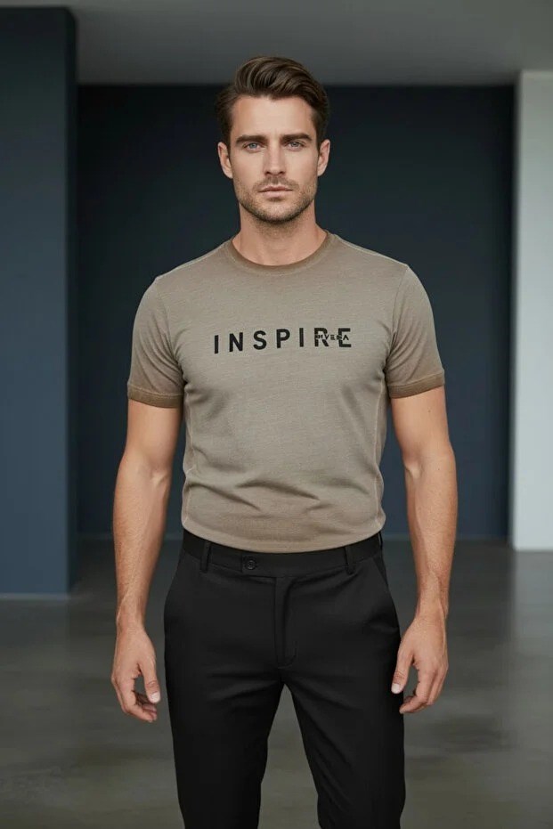 Erkek Mavi Inspire Baskılı Süprem Kumaş Tişört Slim Fit Pamuklu Yazlık Erkek T-Shirt Açık Kahve-181