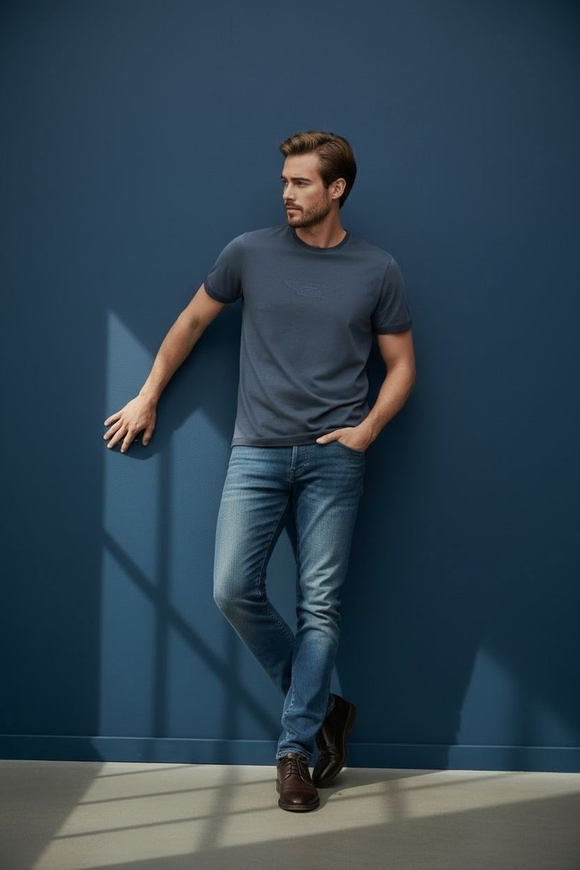 Erkek Baskılı Süprem Kumaş Basic Tişört Slim Fit Pamuklu Erkek T-Shirt Lacivert-180