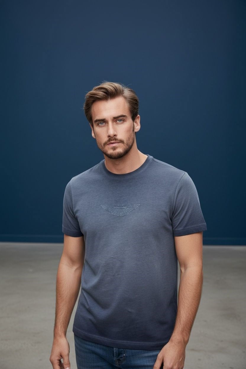 Erkek Baskılı Süprem Kumaş Basic Tişört Slim Fit Pamuklu Erkek T-Shirt Açık Lacivert-180