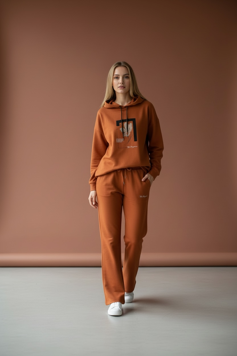 Kadın İki İplik Kapüşonlu Cepli Çiçek Baskılı Geniş Paça Kiremit Eşofman Takımı - 7794